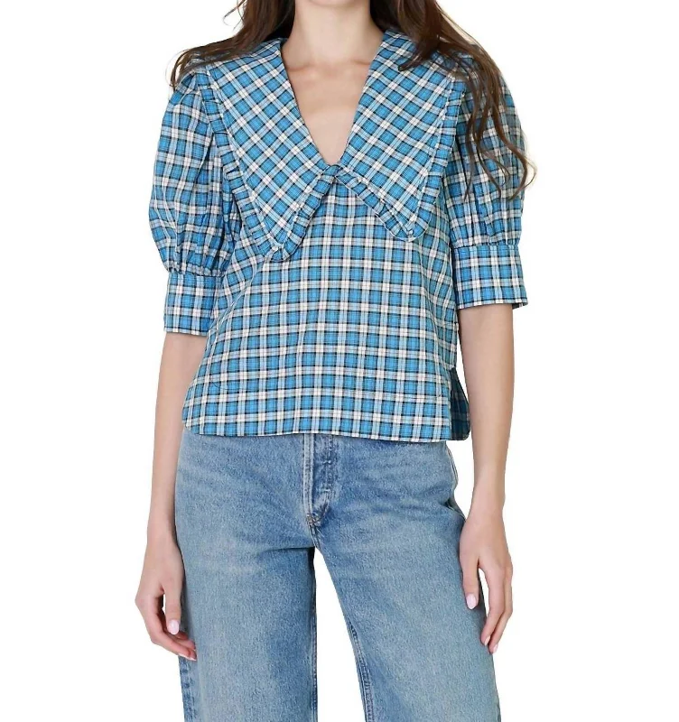 Holiday Glam Seersucker V-Neck Blouse In Check Azure Blue