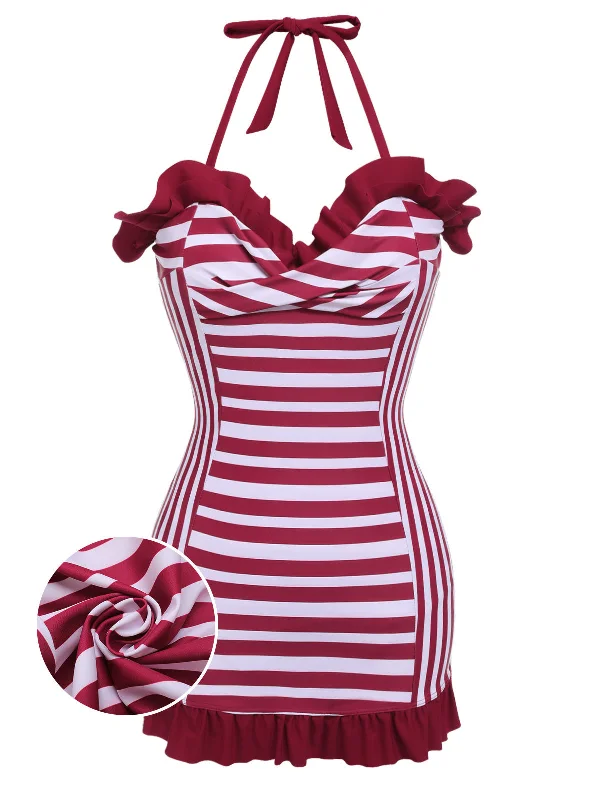 Insane Discount Onslaught Wine Red 1950s Stripe Heart Collar Swimsuit