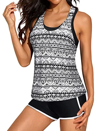 Eco Friendly Fashion Sale Flattering U-Neck Tankini Tops Sports Bra And Boyshorts Swim Shorts-Black Stripe