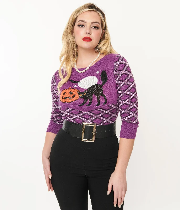 Vintage Fashion Smak Parlour Purple Plaid & Black Cat Sweater