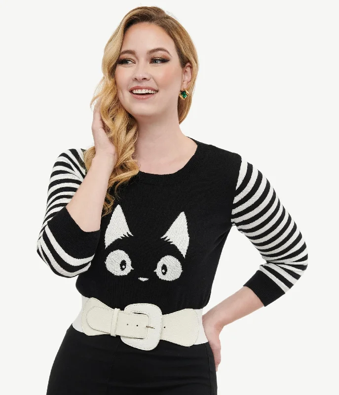 Fashion Essentials Black & White Stripe Knit Kitty Sweater