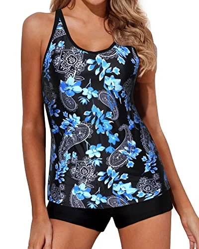 Fashionista Favorites 2 Piece Tankini Swimsuits Boy Shorts Athletic Swim Tank Top Bathing Suits-Black Floral