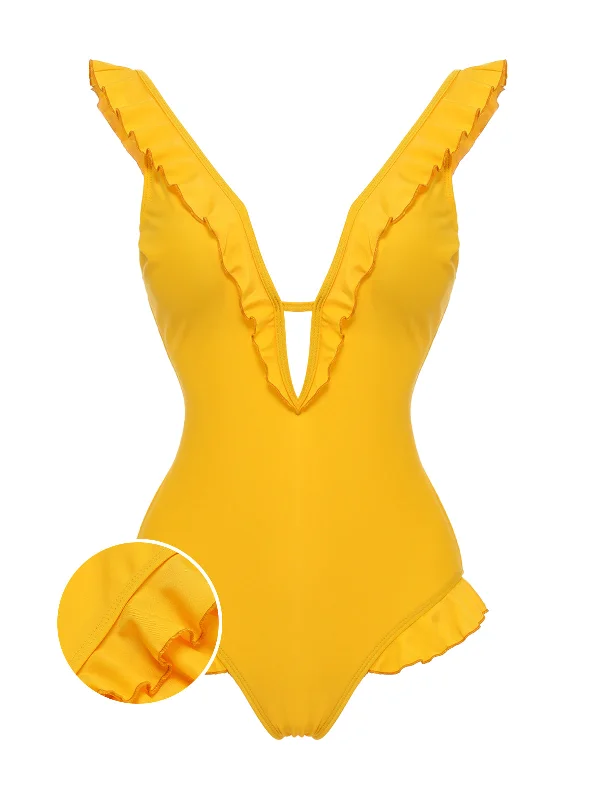 Limited Time Offer Yellow 1930s V-Neck One-piece Swimsuit