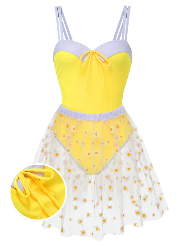 Budget-Friendly Fashion Yellow 1950s Suspender Swimsuit & Daisy Cover-Up