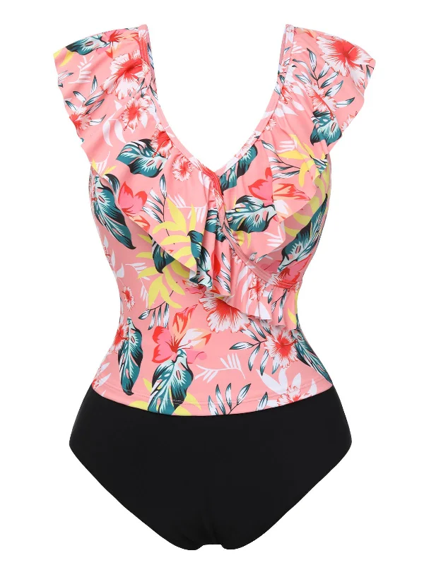 Browse Our Top Products 1930s Tropical Plants Ruffled V-Neck Tankini Set