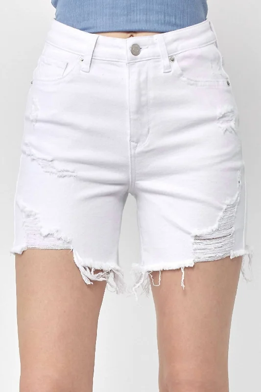 Trend Forward Threads For Her High Rise Distressed Mid Thigh Shorts In White