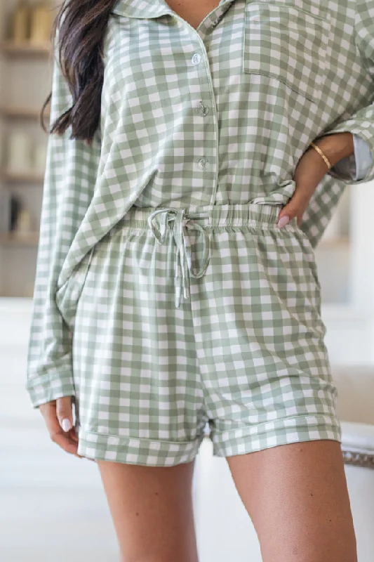 Hot Deals Under The Stars In Olive Grateful Gingham Bamboo Pajama Shorts