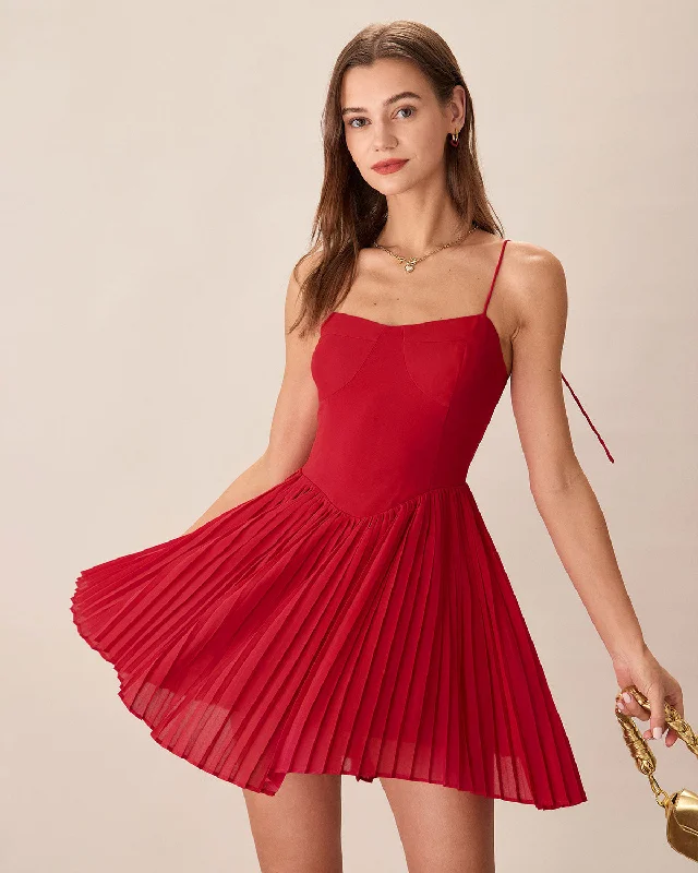 Mega Sale Red Chiffon Pleated Slip Mini Dress