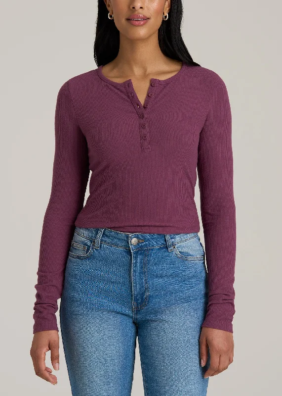 Limited Time Offers Long Sleeve Ribbed Crewneck Women's Tall Henley Shirt in Purple Gumdrop