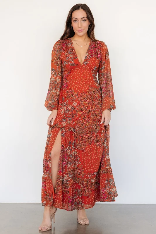 Parisian Effortless Chic Style Bowman Deep V Maxi Dress | Rust Multi