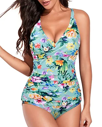 Versatile Outfits Front Cross Design Plunge V Neck Tankini Swimsuits For Women-Mint Flowers