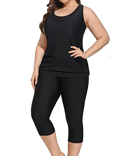 Laid-Back Elegance Athletic Plus Size Swimsuits For Women Tankini Tops & Swim Capris-Black