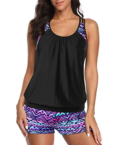 Fashion Essentials Racerback Bathing Suit Top Boy Shorts For Women-Black And Tribal Purple