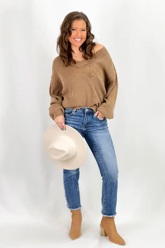 Special Occasion Wear Mocha Exposed V-Neck Sweater