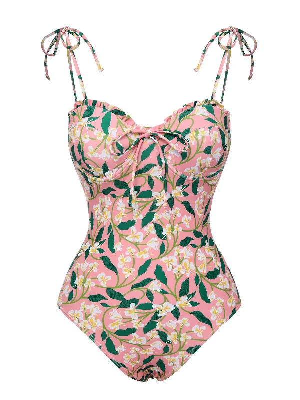 Additional Time-Limited Offers Pink 1950s Spaghetti Strap Plants Print Swimsuit