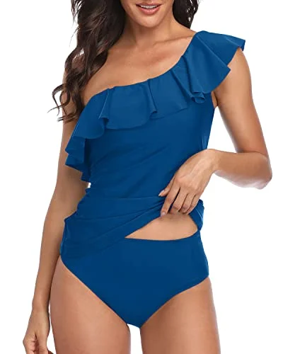 Elegant Clothing Tummy Control Bathing Suit For Ladies Asymmetric One Shoulder Swimwear-Blue