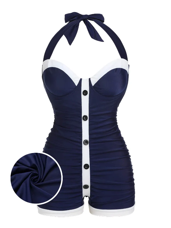 Special Offers, Don't Miss [Plus Size] Navy Blue 1950s Pleated Halter Swimsuit