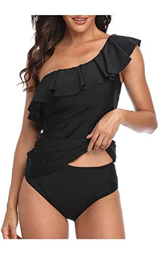 Bold Fashion Tummy Control Bathing Suits One Shoulder Tankini-Black