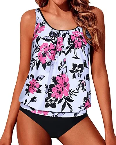 Trendy Street Style Clothing Women's Flattering Two Piece Blouson Tankini Swimwear-White Floral