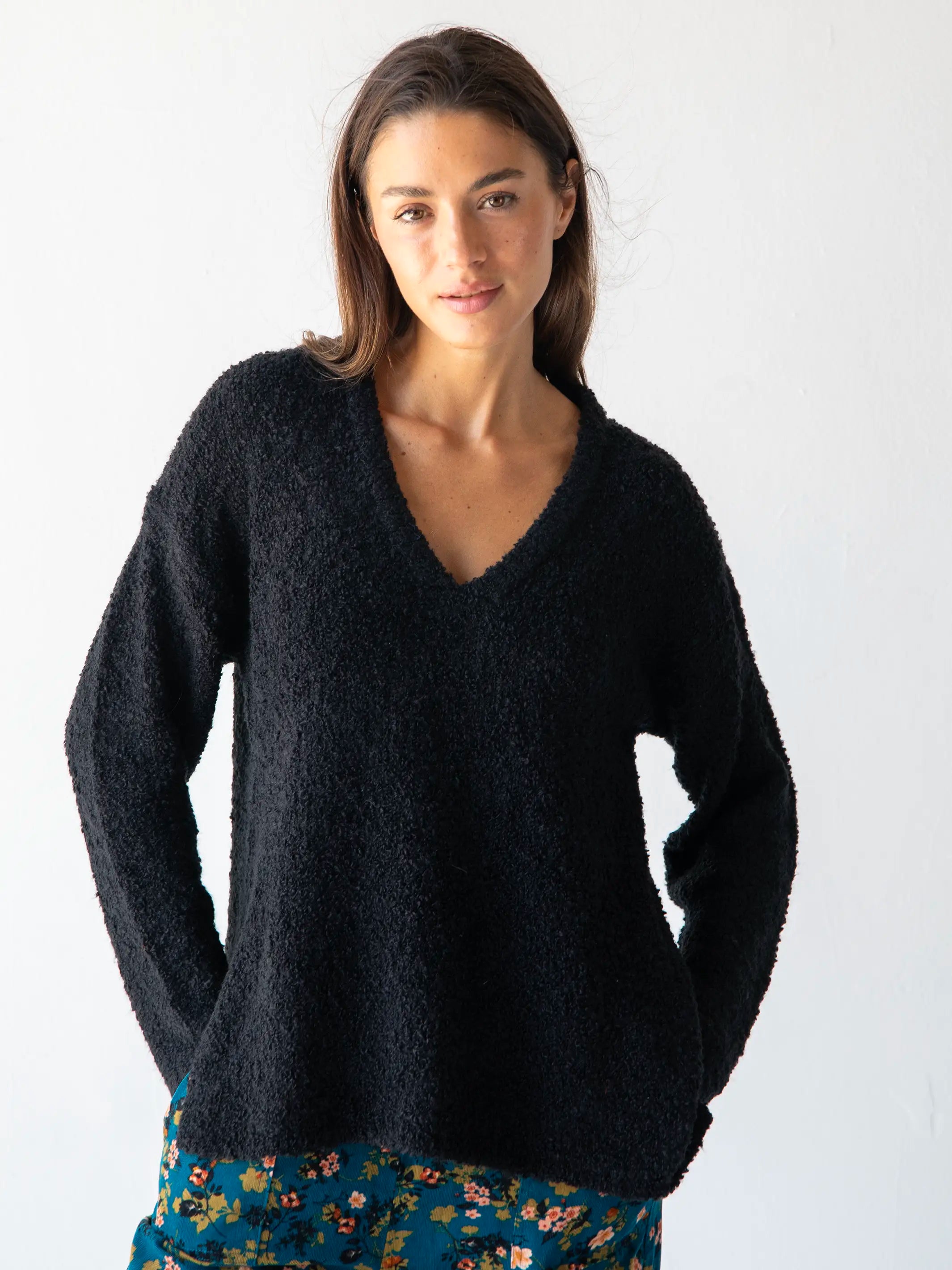 Chic Wardrobe Snuggle Up V-Neck Sweater - Black