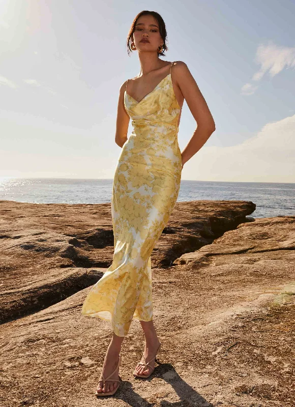 Great Prices On Feminine Styles Coastal Escape Satin Maxi Dress - Daffodil