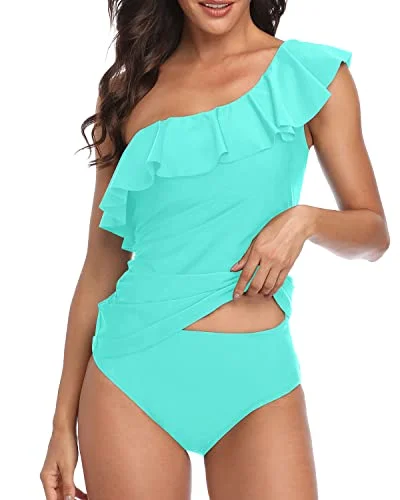 Classic Women's Fashion Two Piece Women's One Shoulder Tankini Tummy Control Bathing Suits-Aqua