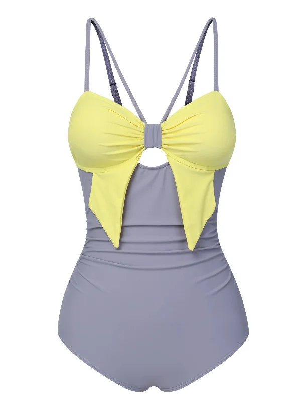 Stylish Women's Apparel Purple & Yellow 1950s Cut Out Contrast Bow Swimsuit