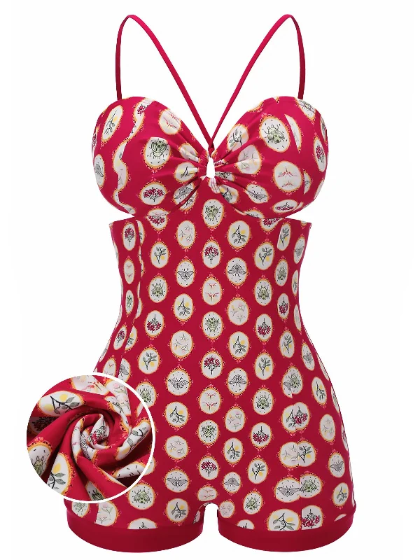 Odd Size Clearance Sale Red 1950s Strap Floral One-piece Swimsuit