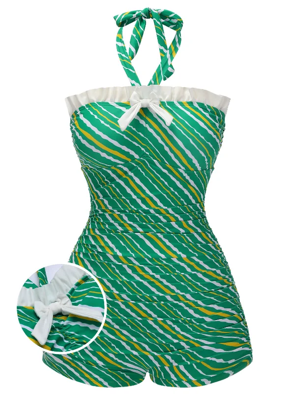 Clearance Sale Green 1930s Stripe Off-Shoulder Halter Swimsuit