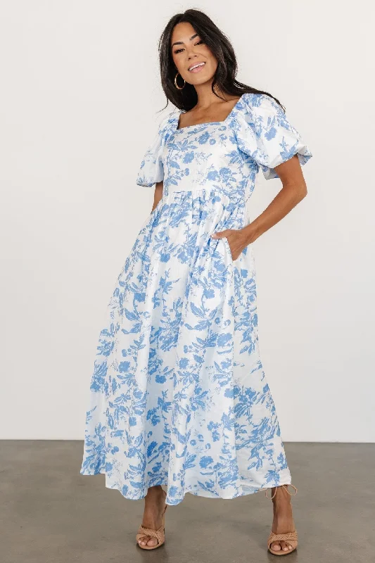 Save On Classic Elegant Styles Graceland Maxi Dress | White + Blue Floral