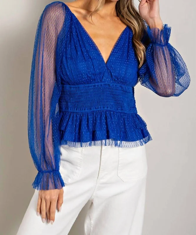 Special Occasion Wear V Neck Mesh Dot Sleeve Blouse In Royal Blue