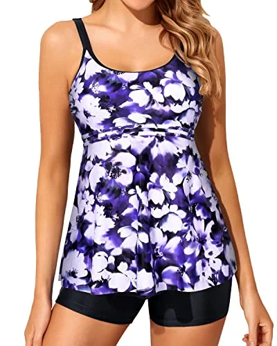 Ends Soon U Neck Modest Swimwear Two Piece Tankini Bathing Suits Boy Shorts-Blue Floral