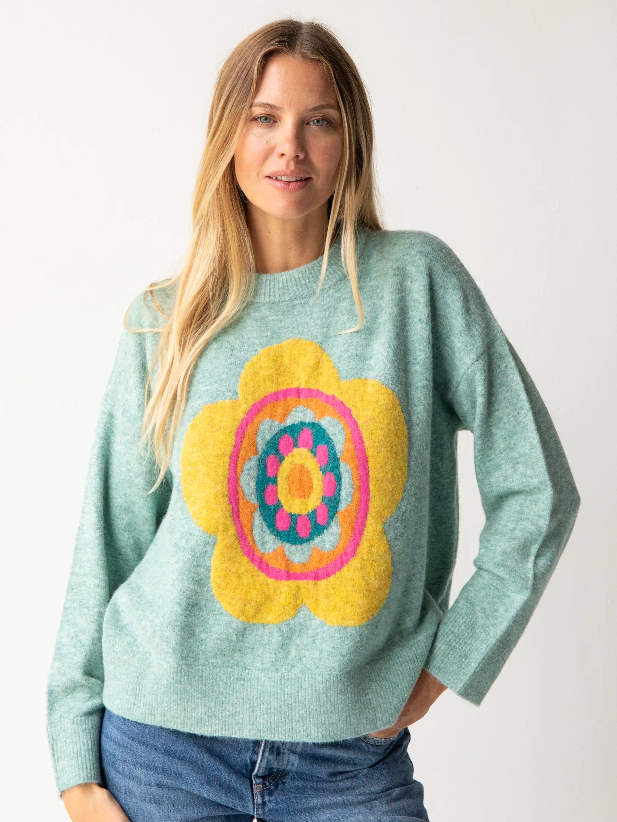 Relaxed Style Everyone's Favorite Sweater - Light Blue Daisy