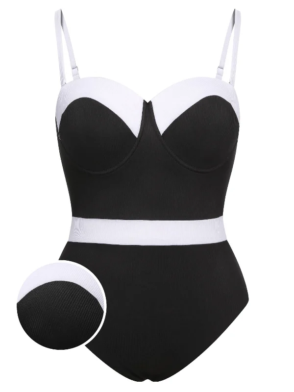 Clearance Sale, All Cheap [Plus Size] Black & White 1950s Patchwork Strap Swimsuit