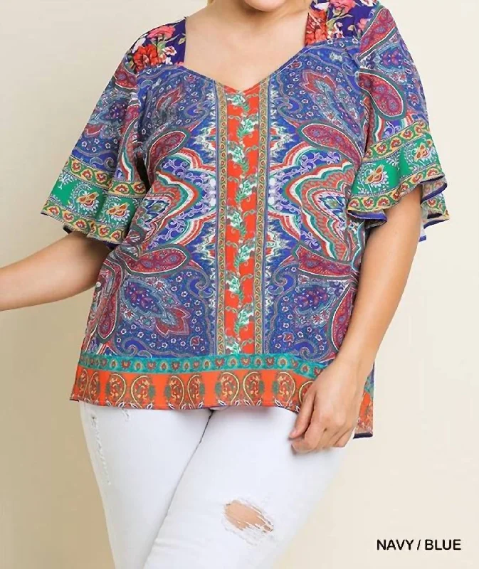 Exclusive Discount Paisley Scarf Print Bell Sleeve Plus Blouse In Navy/blue