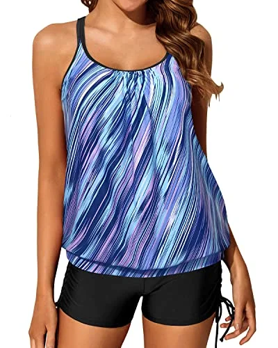 Best Sellers Slimming Criss Cross Back Blouson Tankini Swimsuits Boy Shorts-Blue And Black Stripe