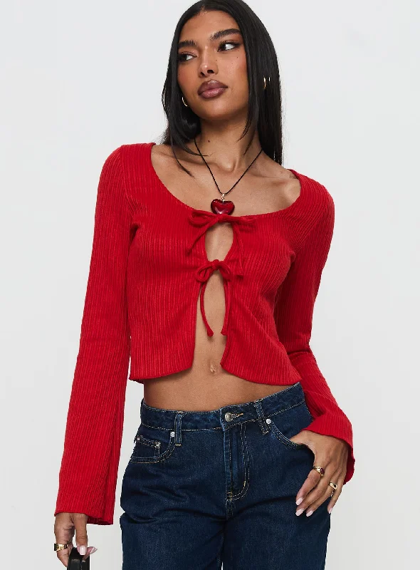 Hot Sale Rowynne Long Sleeve Tie Up Top Red