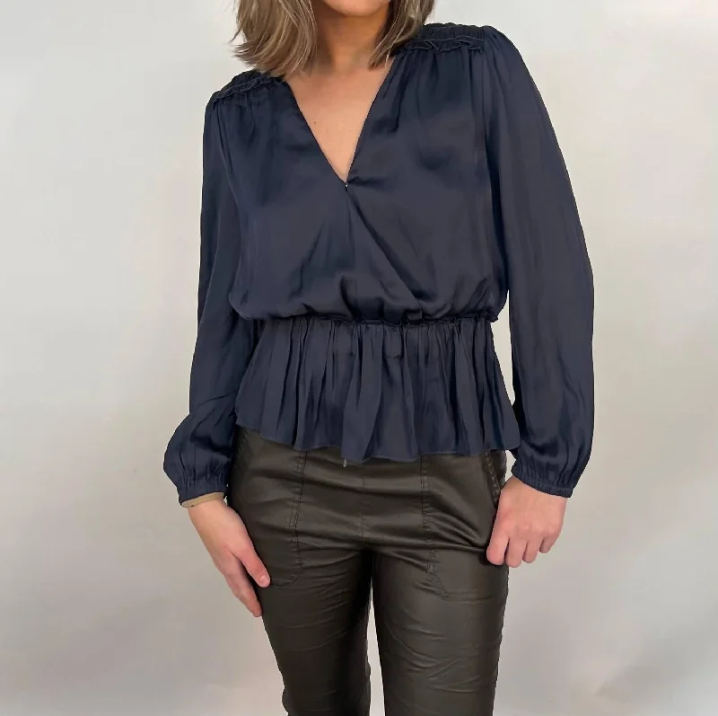 Gorgeous Glamour Collection V-Neck Surplice Peplum Blouse In Slate Navy