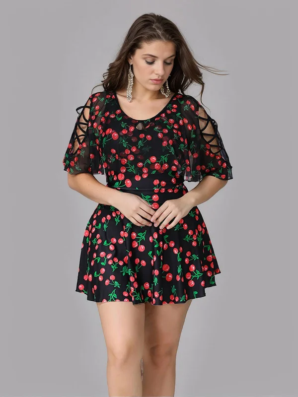 Break Fashion Norms [Plus Size] Black 1930s Cherry Skirt Swimsuit