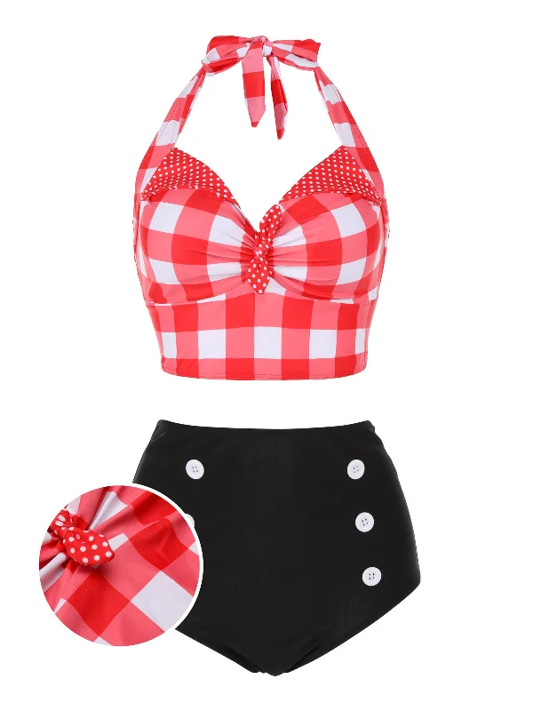 Special Occasion Wear Red 1950s Plaid Halter Bikini Set