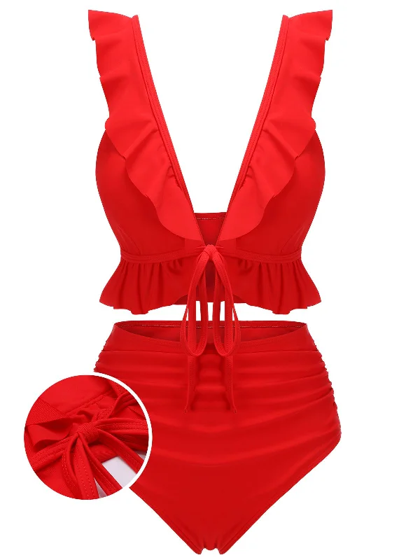 Unbeatable Prices Red 1950s Solid Ruffled V-neck Straps Swimsuit