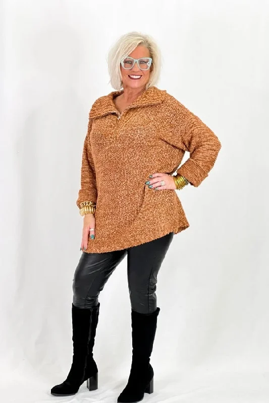 Fashionista Favorites Rust Zip Collared Sweater