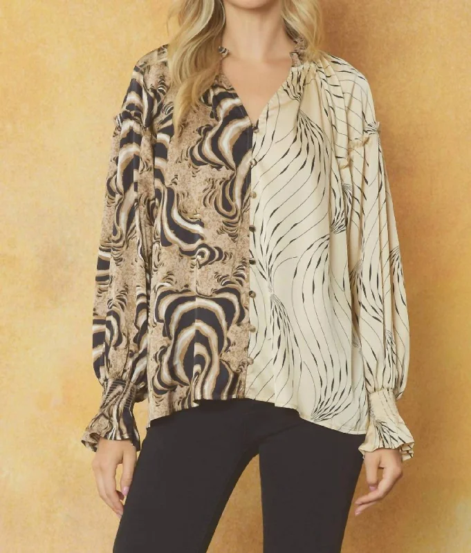 Limited Styles Contrast Print V-Neck Blouse In Mocha And Ecru