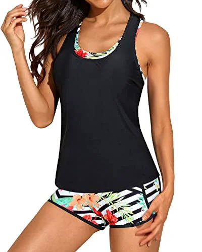 Flash Sale Starts Flattering Open Back Tankinis Swimwear For Women Tank Tops-Black Floral