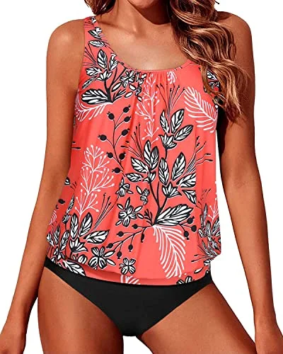 Street Style Fashion Tankini Swimsuits Push Up Bra Cups Blouson Bathing Suits For Women-Red Floral