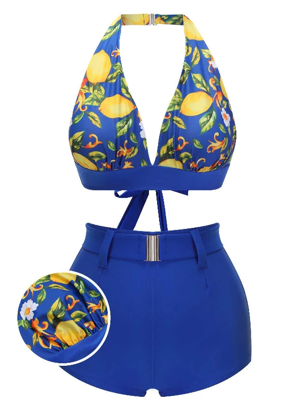 Business Casual Outfits Blue 1930s Halter Lemon Belted Swimsuit