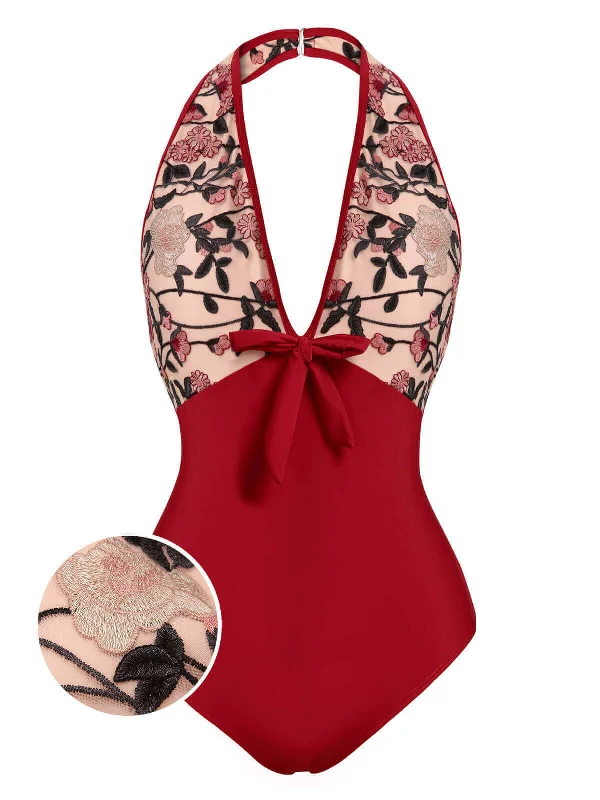 Subtle Sophistication Wine Red 1950s Floral Backless Swimsuit