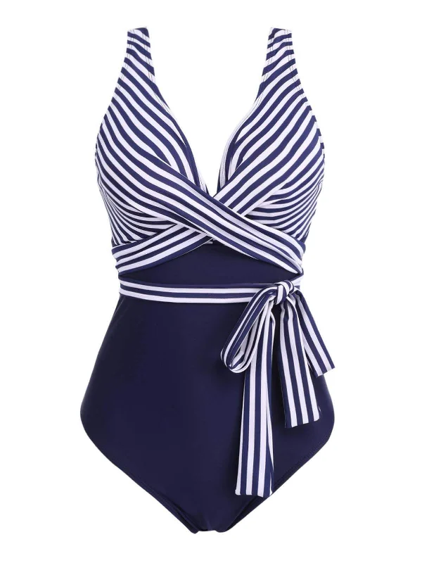 Trendy Threads [Plus Size] 1950s Stripe Lace Up Patchwork One-Piece Swimsuit