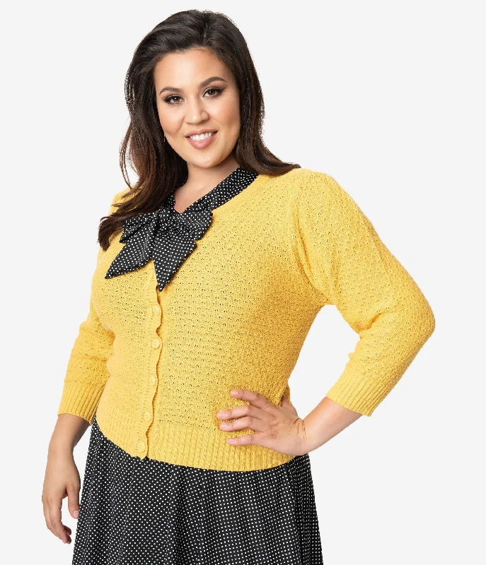 Chic Wardrobe Plus Size Retro Style Honey Yellow Cotton Crochet Sleeved Button Cardigan