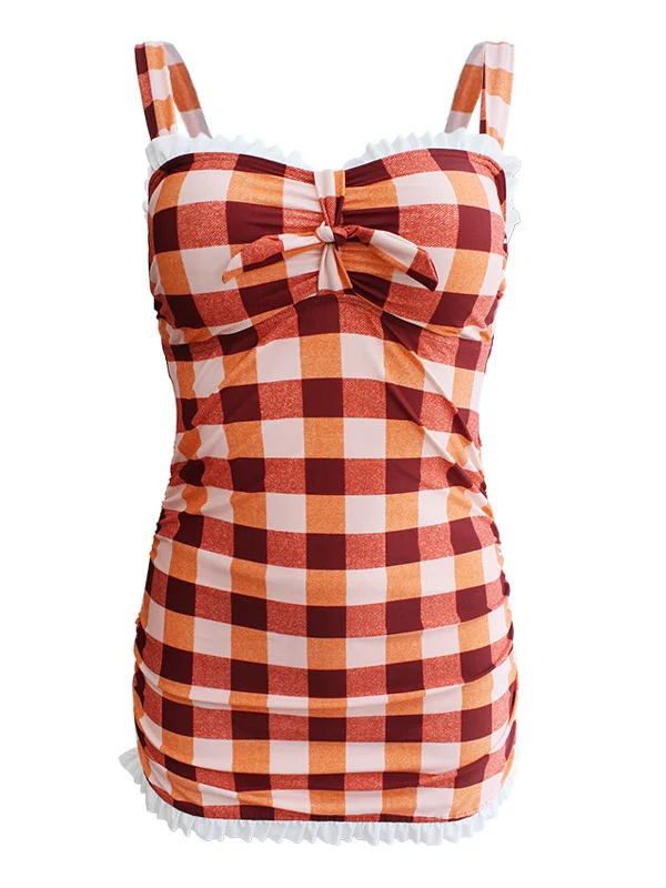 The Latest Trends 1950s Plaid Bow Strap Ruffled Tankini